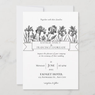 Handdrawn wildflower black and white wedding invitation