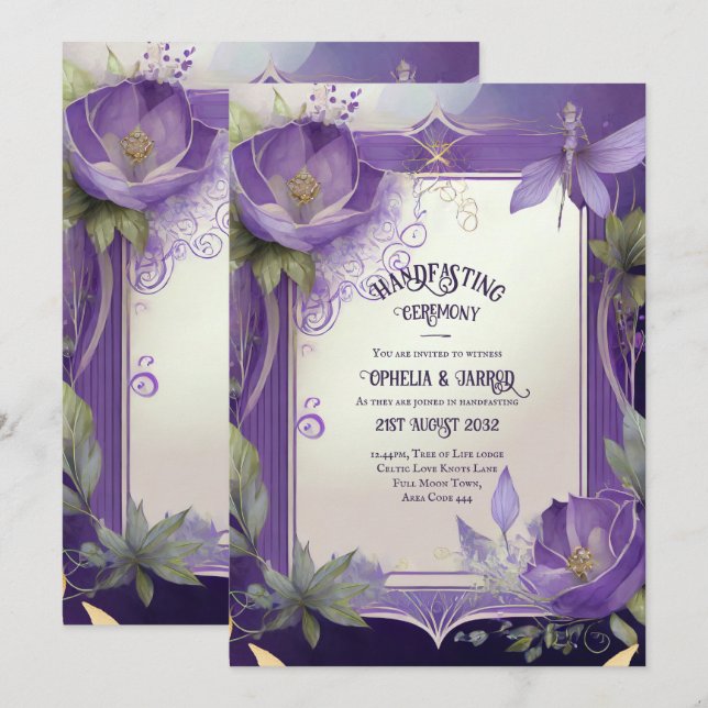HANDFASTING INVITATIONS PURPLE GOLD ETHEREAL (Front/Back)