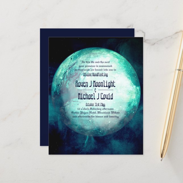 Handfasting Invite Pagan Wiccan Teal Moon Gothic (Front/Back In Situ)