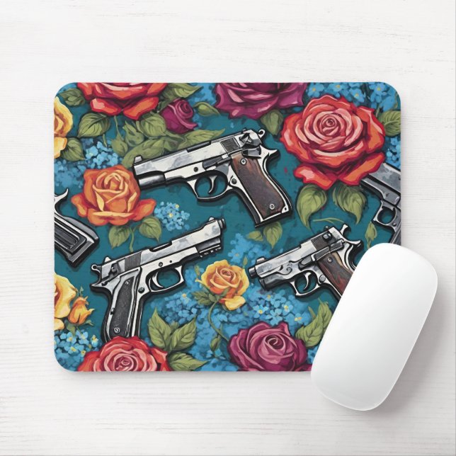 Handguns and Roses Floral Teal Mouse Mat (With Mouse)