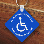 Handicapped disabled symbol text blue white key ring<br><div class="desc">Square handicapped keychain with white disabled symbol on a blue background and white,  circular text.</div>