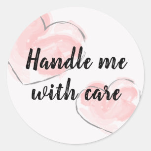 Handle me with care Cute Pink Watercolor Heart Classic Round Sticker