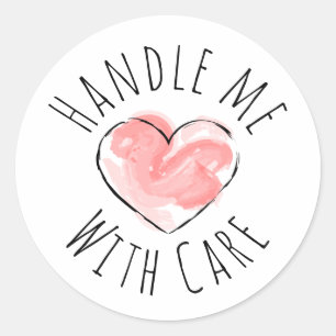 Handle me with care Cute Pink Watercolor Heart Classic Round Sticker