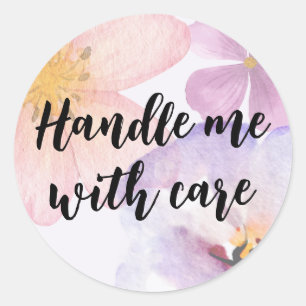 Handle me with care pastel watercolor flower classic round sticker