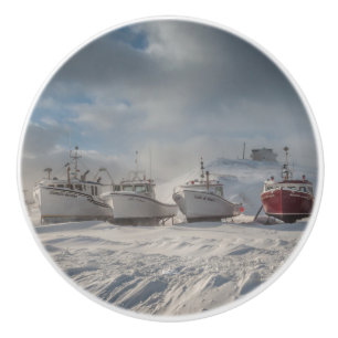 handle of door, fishing vessels in snow ceramic knob