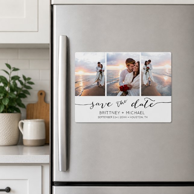 Handlettered Photo Collage Save the Date (Modern three photo collage save the date magnet featuring elegant handwritten script typography)