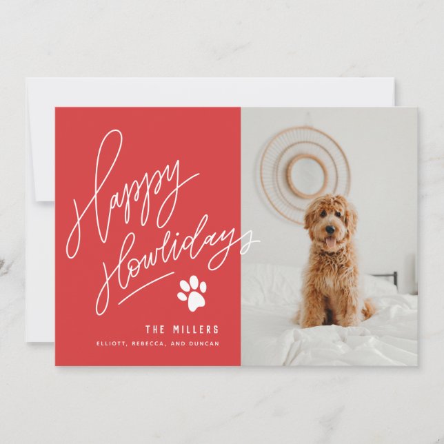 Handlettered Red Happy Howlidays Paw Dog Photo Holiday Card (Front)