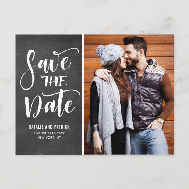 Handlettered Script Chalkboard Photo Save the Date Announcement Postcard (Front)