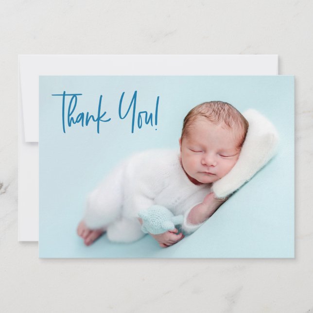 Handlettering Baby Photo baby shower blue script Announcement (Front)