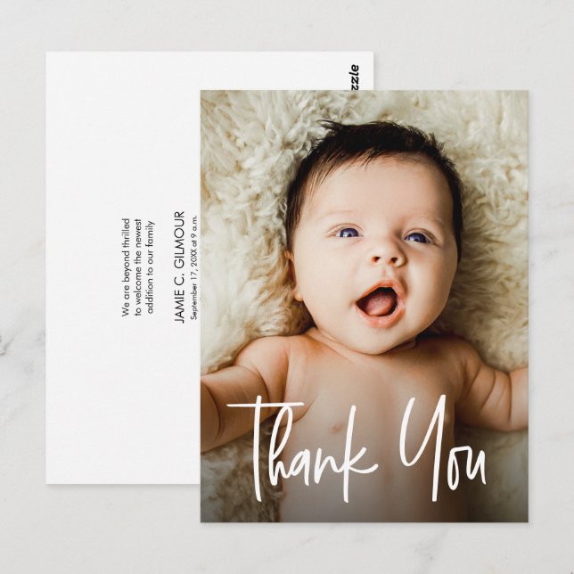 Handlettering Baby Photo Modern Birth Thank you  Postcard (Front/Back)