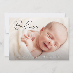 Handlettering Believe Baby Christmas Custom Photo Holiday Card