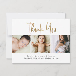 handlettering Gold Script Custom 3 photo Baby Thank You Card