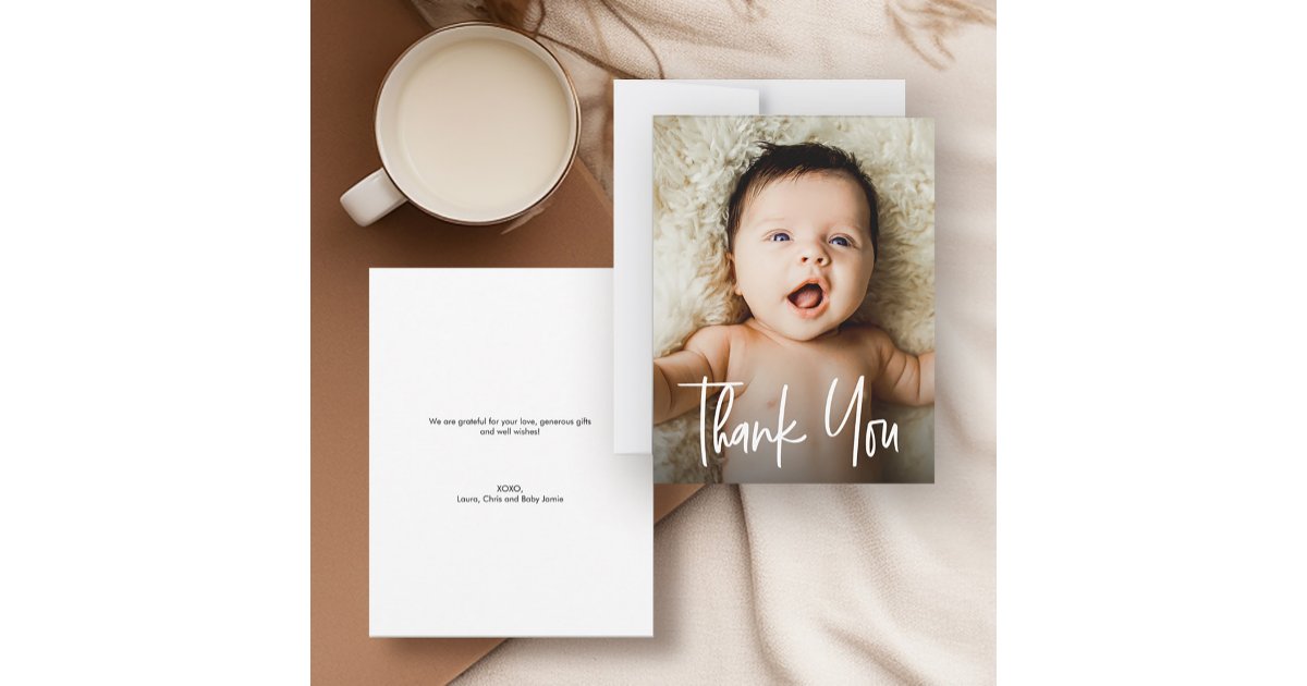 Handlettering Modern Baby Shower Custom Photo Thank You Card | Zazzle