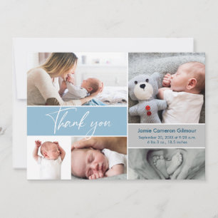 Handlettering Modern Blue Multi Photo Baby Shower Thank You Card