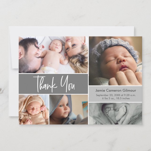 Handlettering Modern Grey Baby Shower Photos Thank You Card (Front)