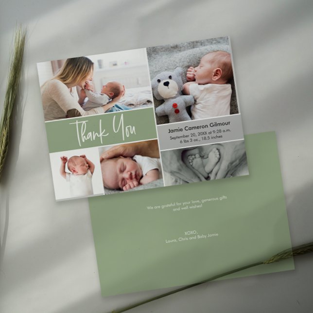  Handlettering Photo Collage Baby Shower Green Thank You Card (Handlettering thank you baby shower photo collage birth announcement card in green.)