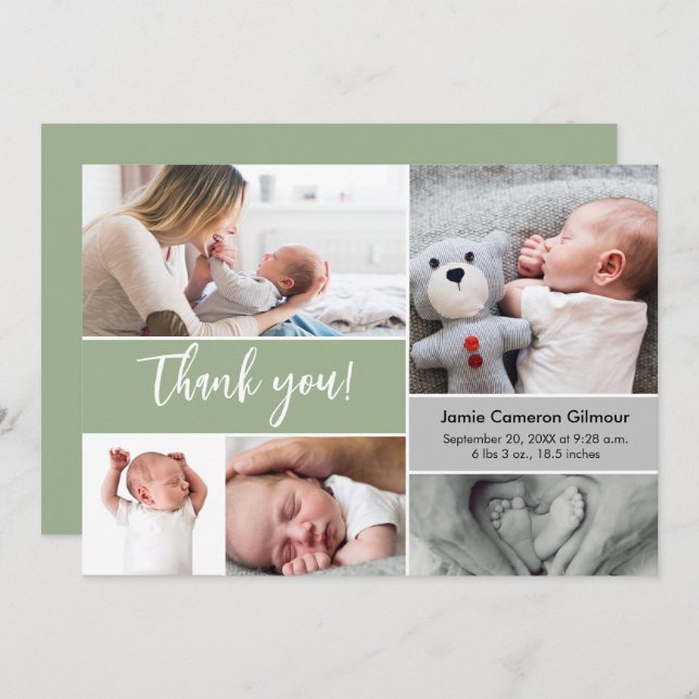 Handlettering Script multi Photo Baby Shower Green Thank You Card (Front/Back)