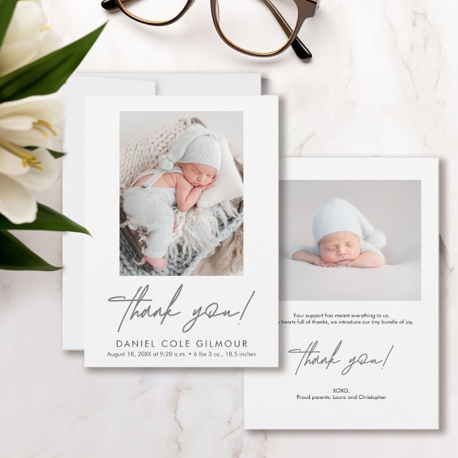 Handlettering Script Thank you Baby Photo Birth  Announcement (Cute, modern, simple customizable baby photos, thank you, birth announcement flat cards.)