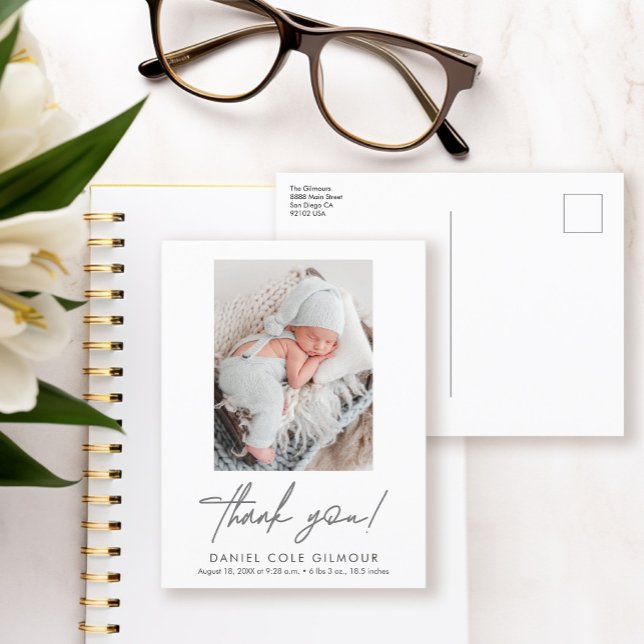 Handlettering Script Thank you Baby Photo Birth Announcement Postcard (Modern Thank you script, custom photo baby birth announcement postcard.)