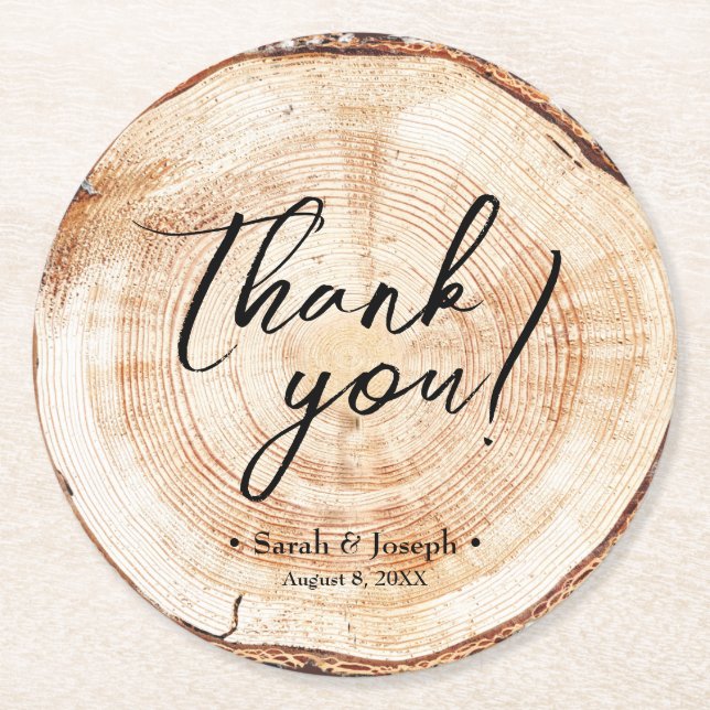 Handlettering script tree wood slice wedding favou round paper coaster (Front)