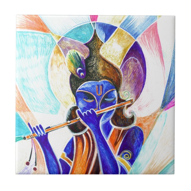 Handmade Abstract Painting of Lord Krishna with fl Tile (Front)