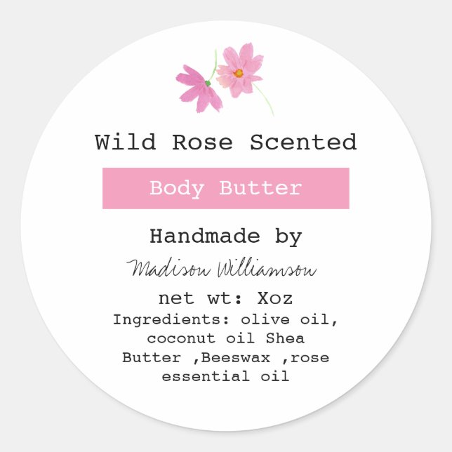 Handmade Body Butter Pink Floral Ingredients list Classic Round Sticker (Front)