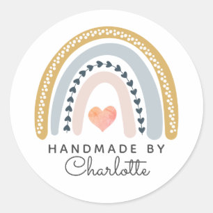 Handmade Boho Watercolor Rainbow And Pink Heart Classic Round Sticker