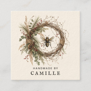 Handmade Botanical Wreath Logo Cream Square Business Card