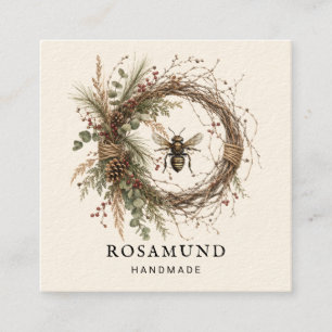 Handmade Botanical Wreath Logo Cream Square Business Card