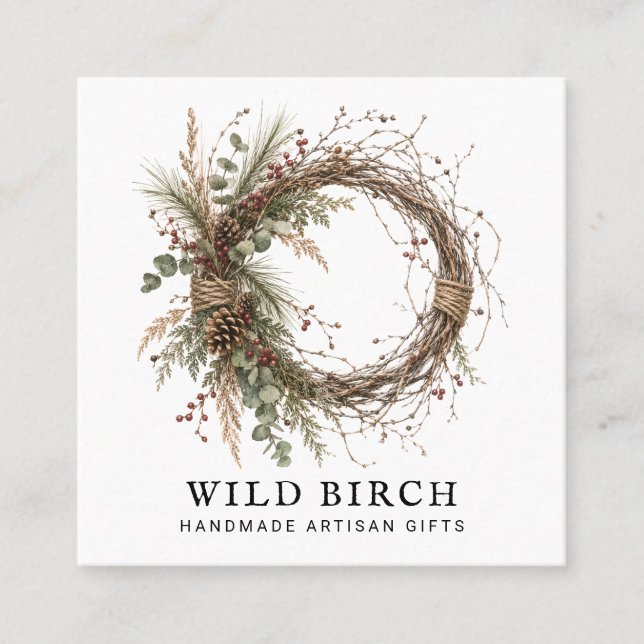 Handmade Botanical Wreath Logo  Square Business Card (Front)