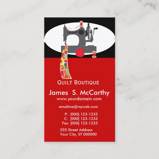 Handmade Boutique Quilted Antique Sewing Machine Business Card (Front)