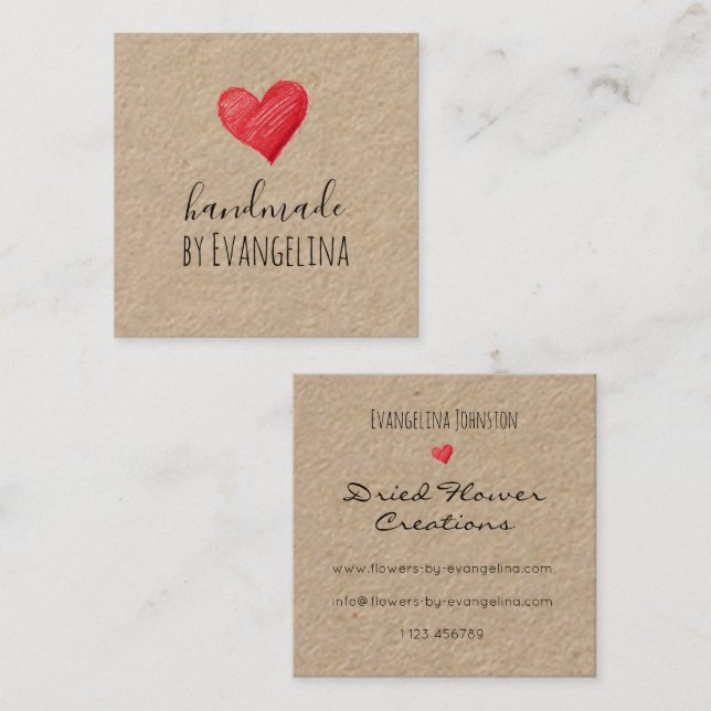 Handmade Business Cards, Red Heart, Custom Square Business Card (Front/Back)