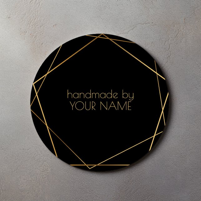 Handmade by black geometric gold effect classic round sticker (Creator Uploaded)