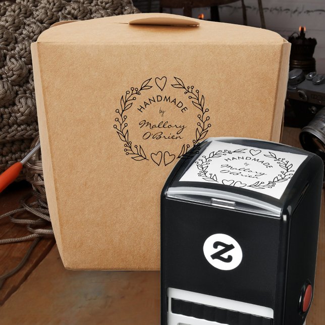 Handmade by Botanical Hearts Doodle Wreath Self-inking Stamp (Handmade self-inking signature stamp with line drawn wreath)