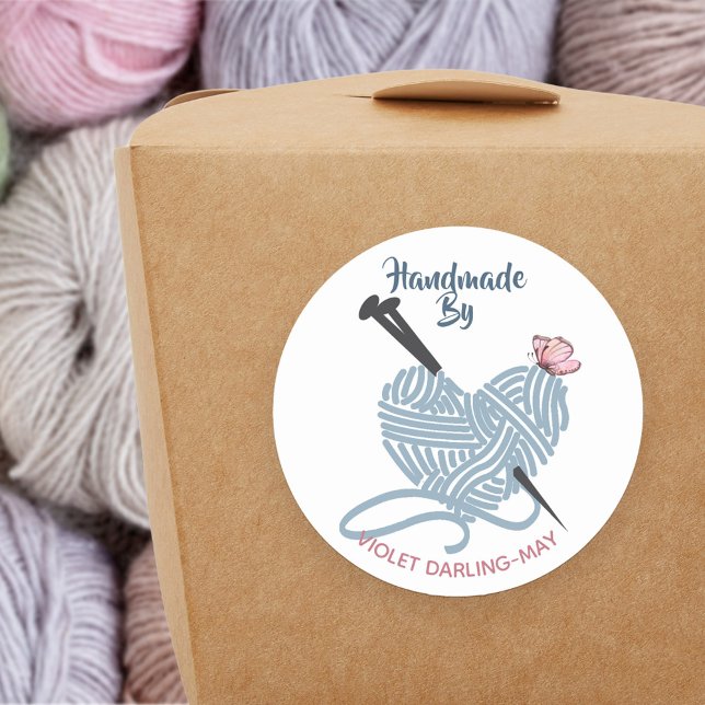 Handmade by Custom Name - Knitting Yarn Crafters Classic Round Sticker (Handmade by .. stickers for your hand knitted gifts and product packaging)