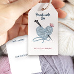 Handmade by Custom Name w. Fibre & Care Knitting Gift Tags<br><div class="desc">These gift tags are ideal for knitters, yarn crafters and artisan makers to personalise and add to handmade gifts. The design features a heart shaped ball of yarn with knitting needles and a little butterfly. The swing tags have space on the back for you to write the fibre content and...</div>