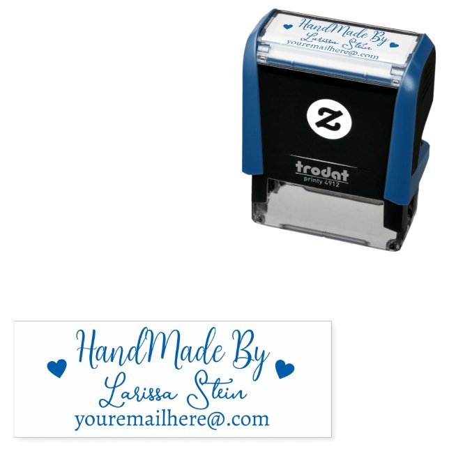 Handmade by (custom text) blue name feminine self-inking stamp (In Situ)