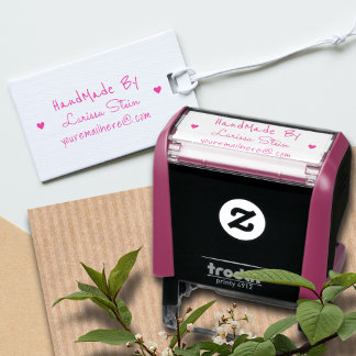 Handmade by (custom text) + name, pink feminine self-inking stamp