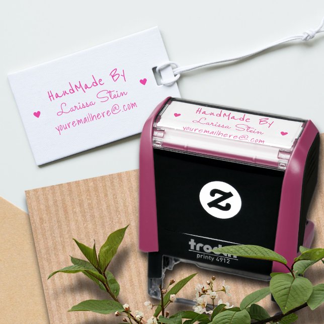 Handmade by (custom text) + name, pink feminine self-inking stamp (Creator Uploaded)