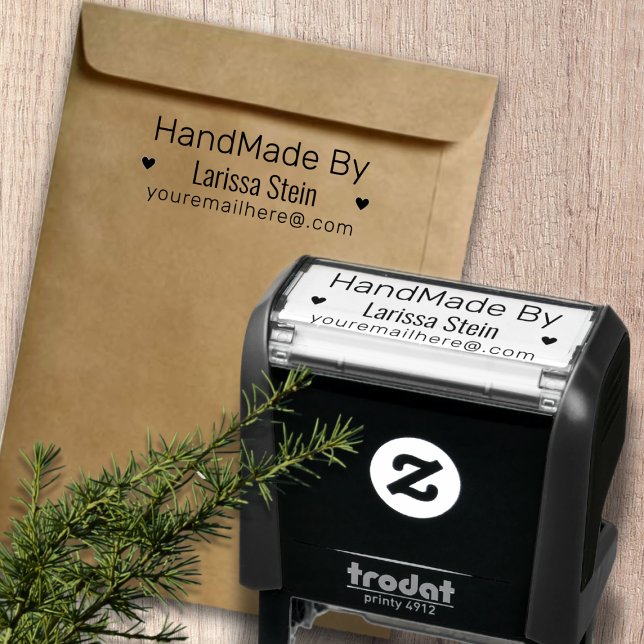 Handmade by (custom text) + name & small hearts self-inking stamp (Creator Uploaded)