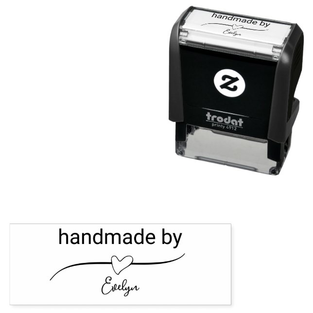 Handmade By Maker's Name in Cursive Script Heart Self-inking Stamp (In Situ)