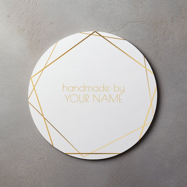 Handmade by modern white geometric gold effect classic round sticker (Handmade by your name stickers to seal your envelopes or packaging for your small shop, etsy store)