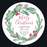 Handmade by Personalised Christmas Classic Round Sticker<br><div class="desc">"Handmade by" personalised Christmas stickers with custom text,  your own Christmas message. Decorate your handmade gifts with these red and green Christmas stickers.</div>