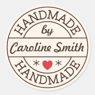 Handmade by stamp red heart personalised name classic round sticker