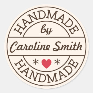 Handmade by stamp red heart personalised name classic round sticker