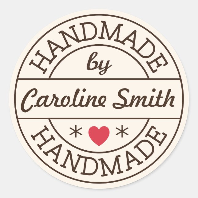 Handmade by stamp red heart personalised name classic round sticker (Front)