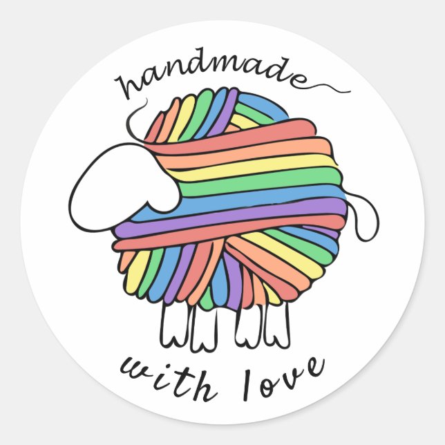'Handmade By' Yarn Rainbow Sheep Sticker (Front)