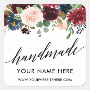 Handmade Calligraphy Burgundy Blue Floral Small Square Sticker