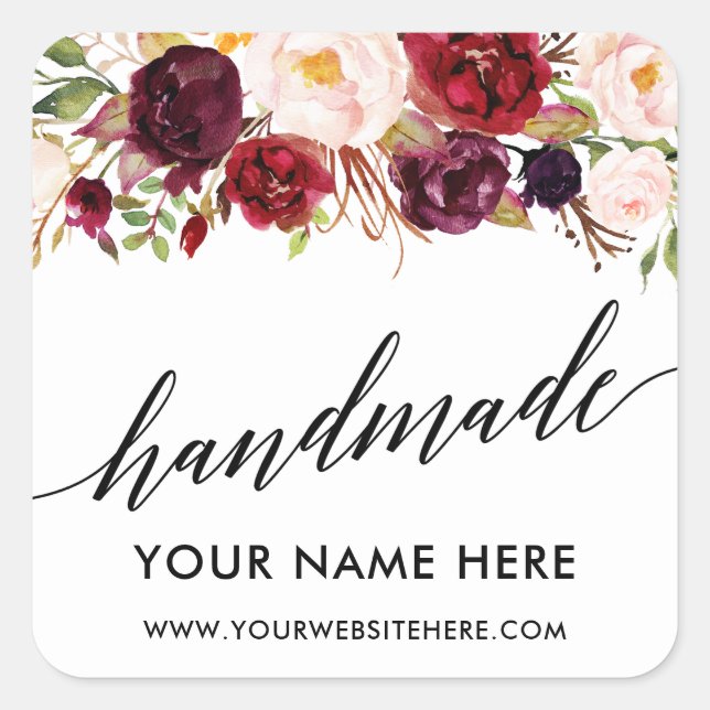 Handmade Calligraphy Burgundy Floral Small Square Sticker (Front)