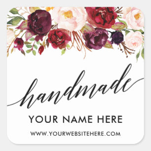 Handmade Calligraphy Burgundy Floral Small Square Sticker